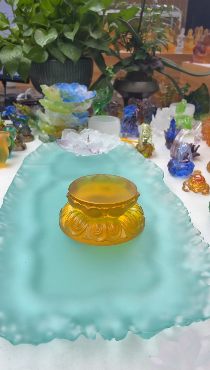 手工艺品琉璃双层底座琥珀色10*7.5*4公分