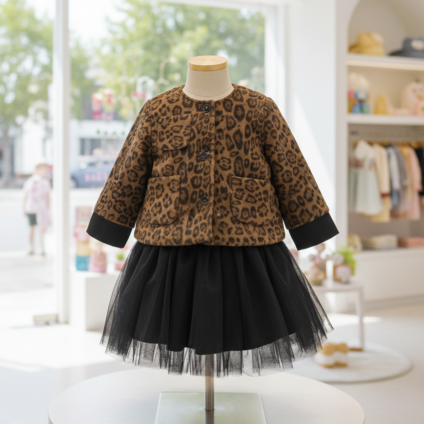 【8102】女童设计师秋款豹纹外套裙子常规款套装麂皮绒