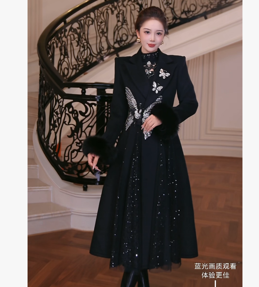 【芙娜妮】秋冬2025中长款小个子西装领蝴蝶长袖外套女装FG2531184A