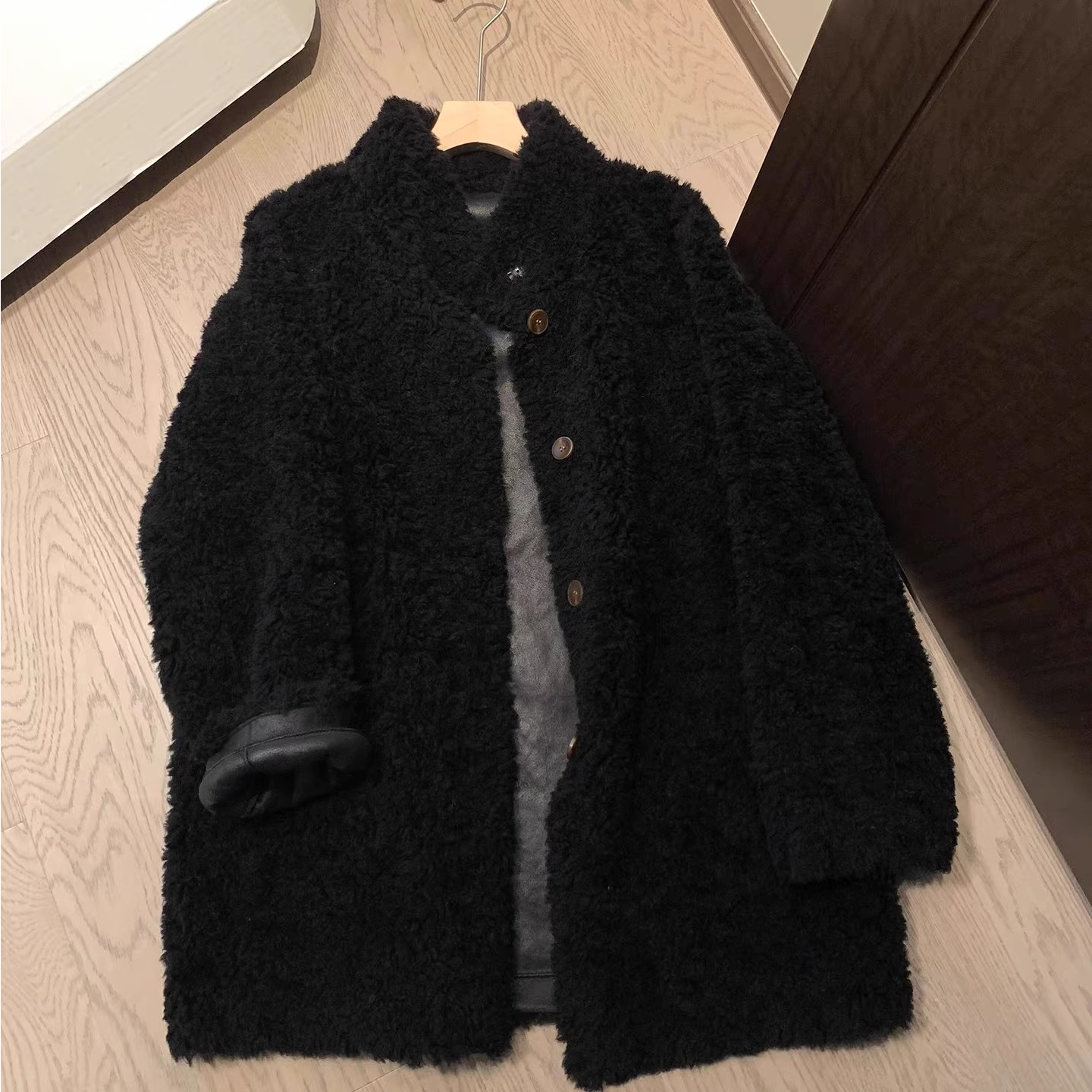 韩系羔羔绒外套女中长款秋冬季黑色立领宽松加厚皮毛一体毛毛外套