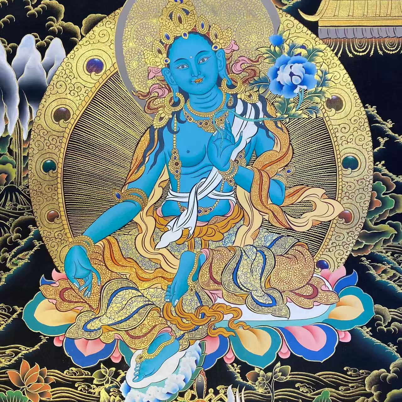 精品纯手绘矿料绿度母黑金带描彩唐卡尺寸60*40艺术装饰
