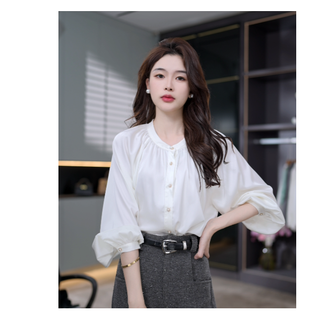 CYM1473衬衫女设计感小众长袖气质立领法式上衣