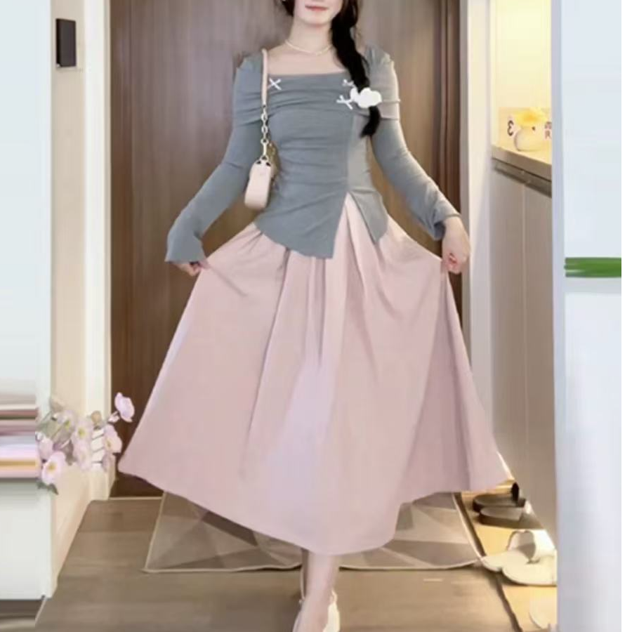 【大脸】甜美蝴蝶结修身开叉长袖显瘦半身裙女春季时尚套装(6288）