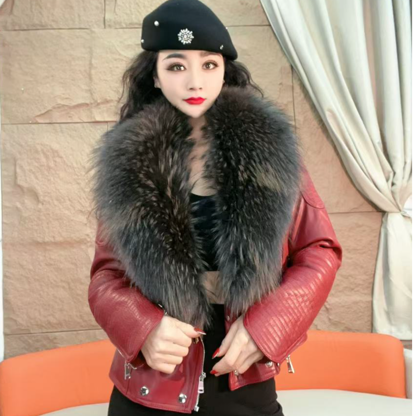 8004气质时尚百搭洋气重工轻奢貉子毛领蛋白皮衣内胆加绒加厚