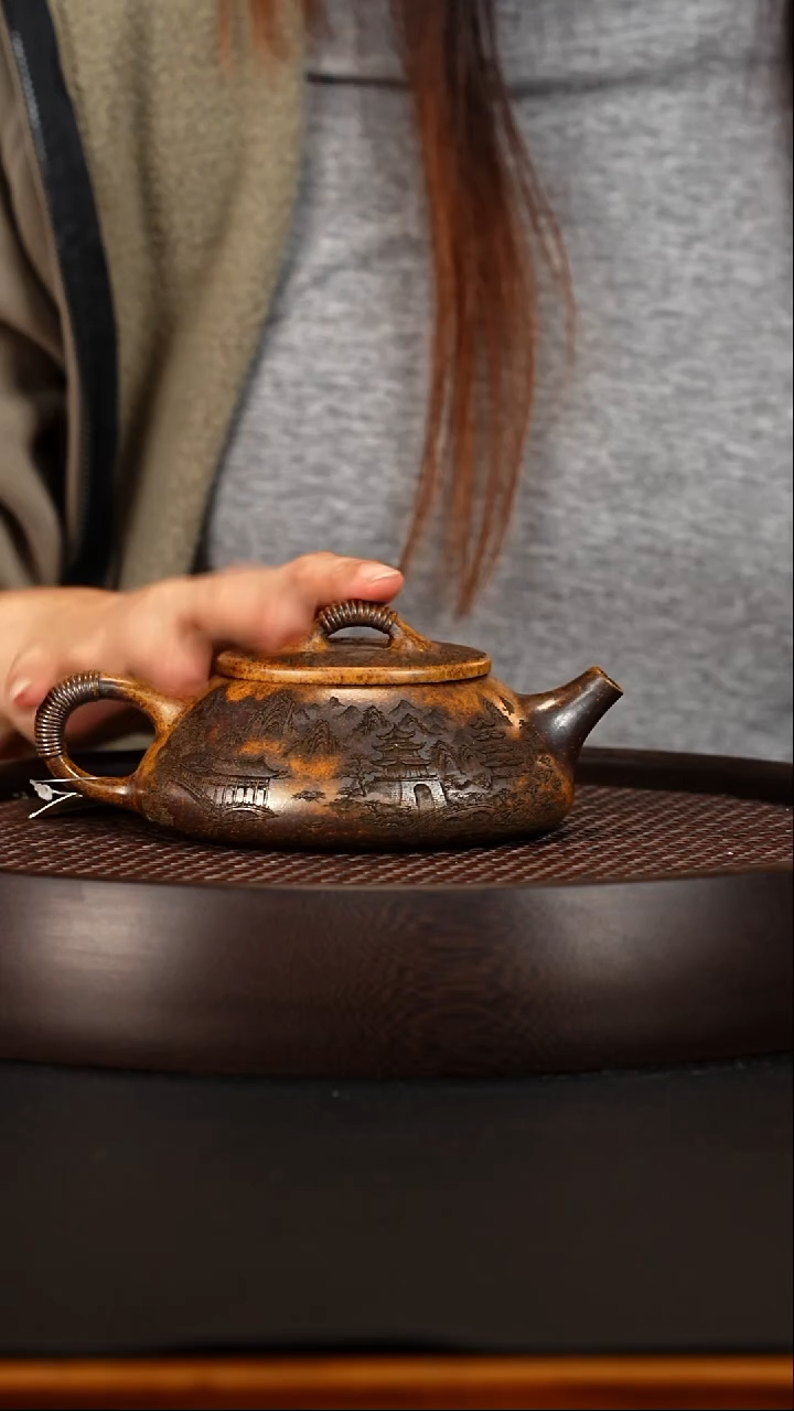 茶壶紫砂宜兴紫砂壶龙骨金砂柴烧线瓢220cc