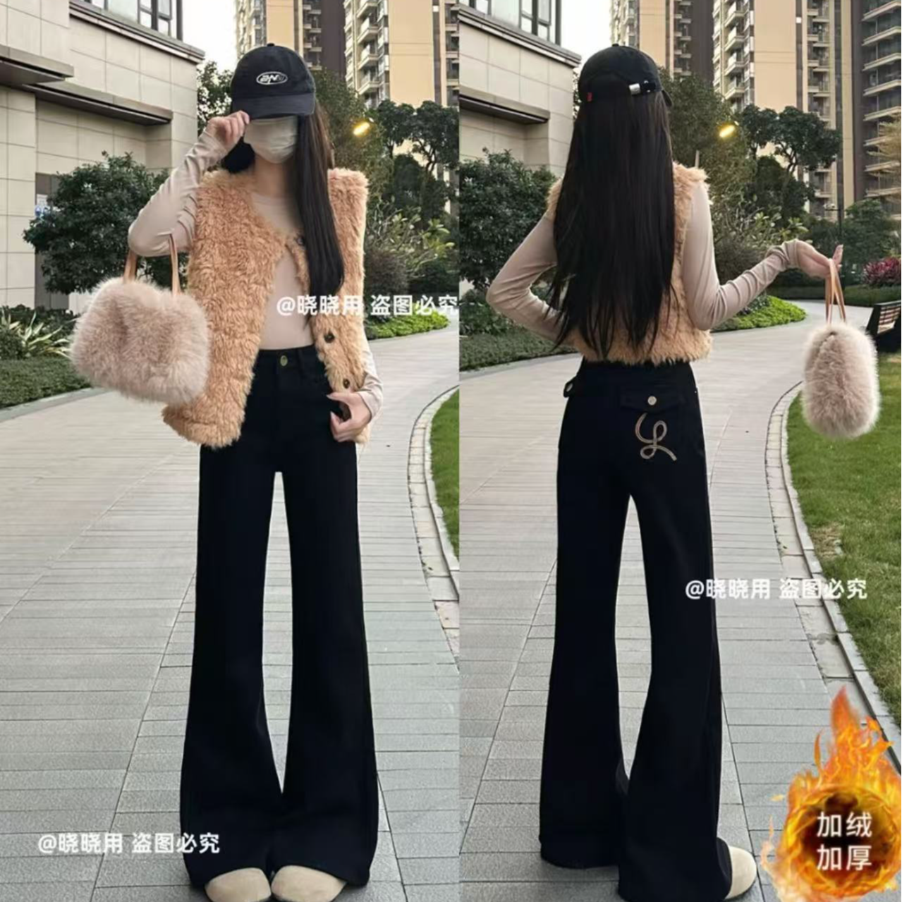 【单裤/加绒】秋冬极简风阔腿微喇牛仔裤女绣花刺绣裤子加绒加厚