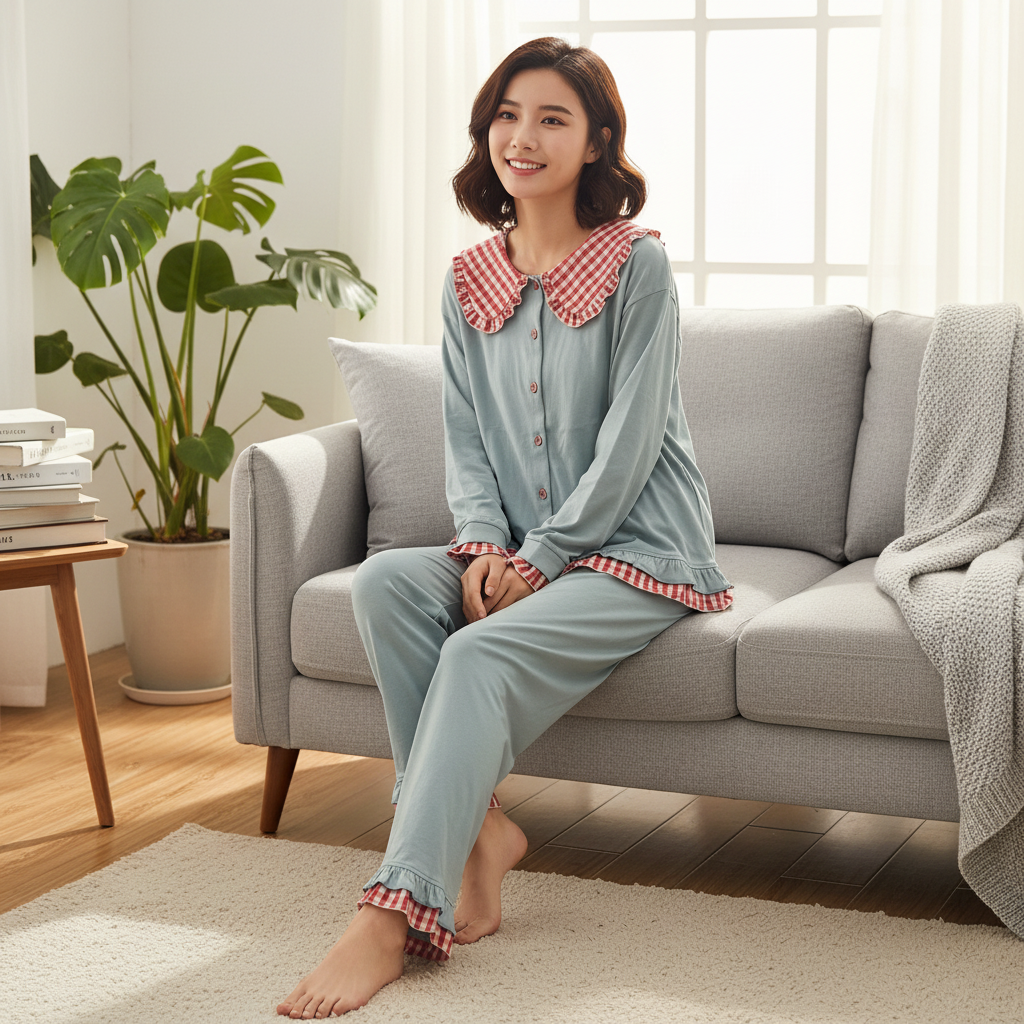 《云云家》蓝色小香风格子娃娃领家居服睡衣套装