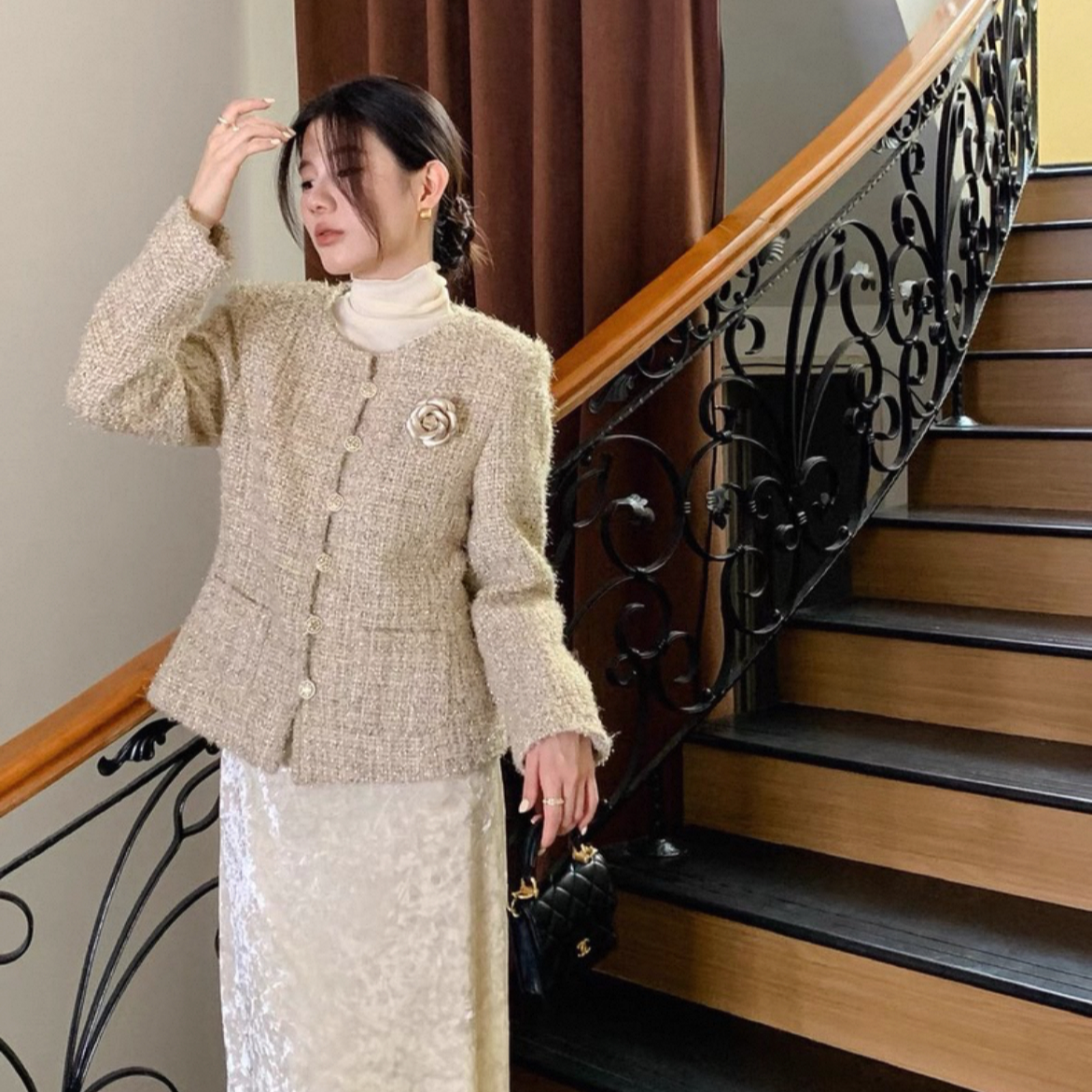 小香风轻奢粗花呢外套夹棉外套重工贵气法式复古秋冬892