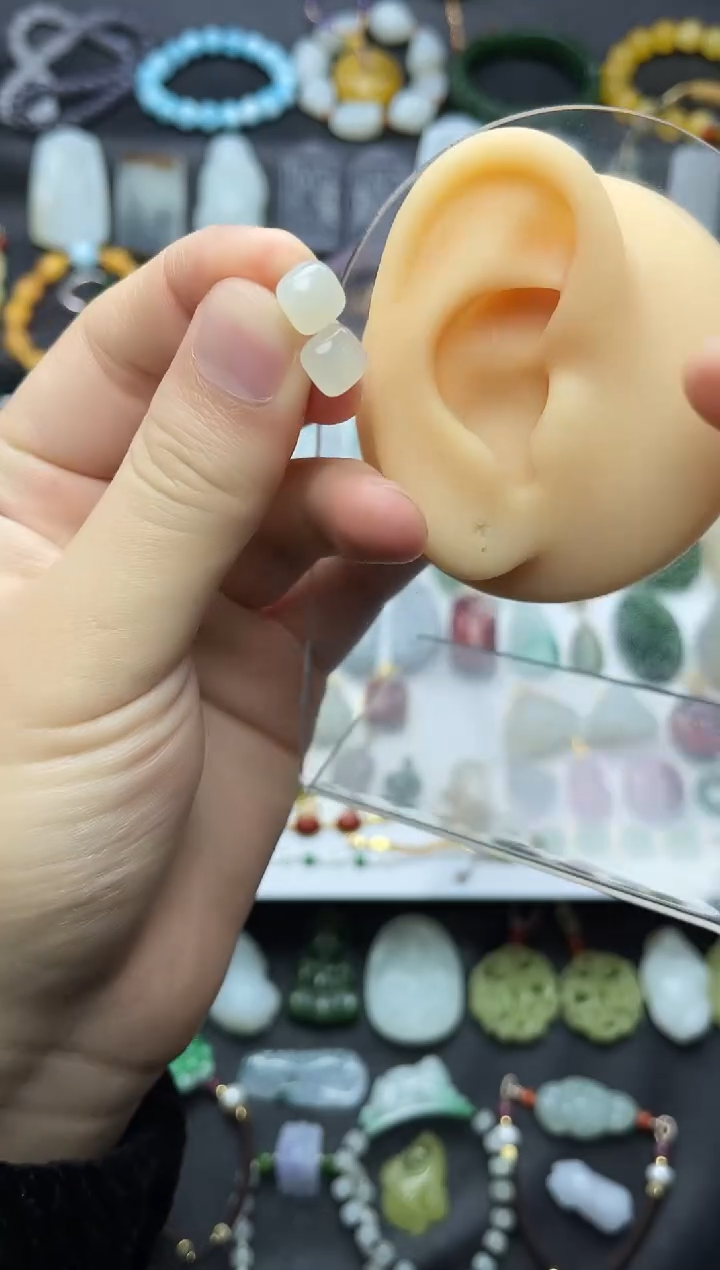 银S925镶嵌和田玉耳饰方糖耳钉06