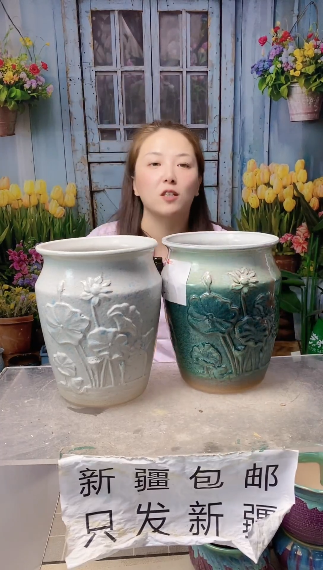 010白绿浮雕陶盆两个装  口19高23