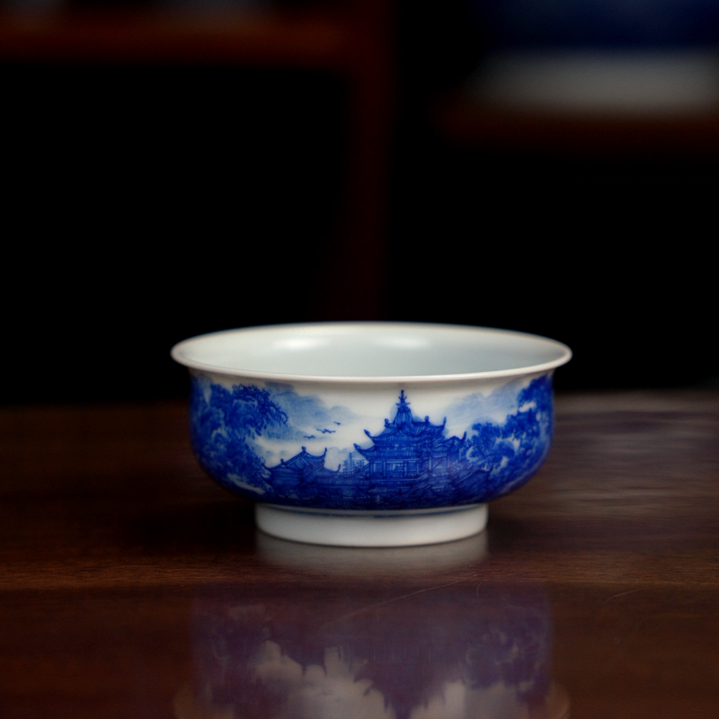 蓬莱仙岛图自成堂柴窑青花山水手工绘制大容量陶瓷普洱茶杯大口径