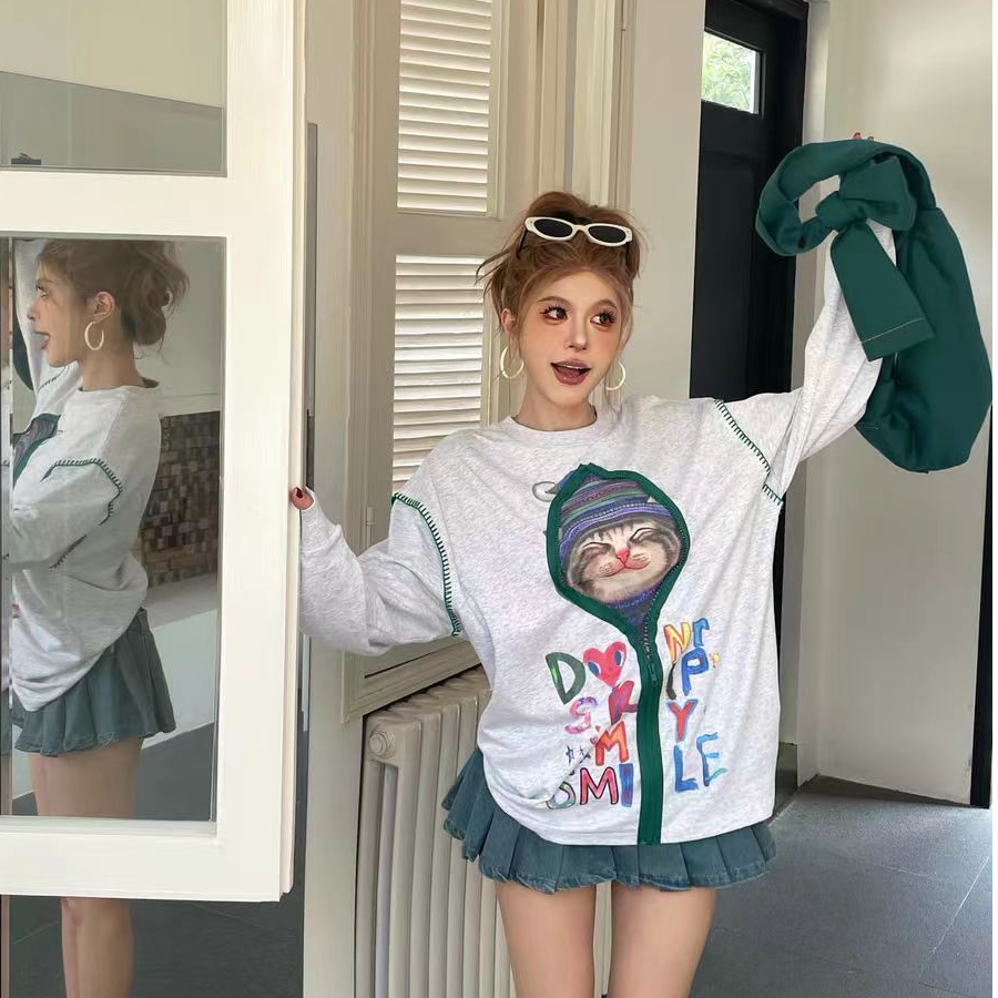 BLX--1292（深圳出品）新款设计师款韩版ins风趣味猫咪印花上衣