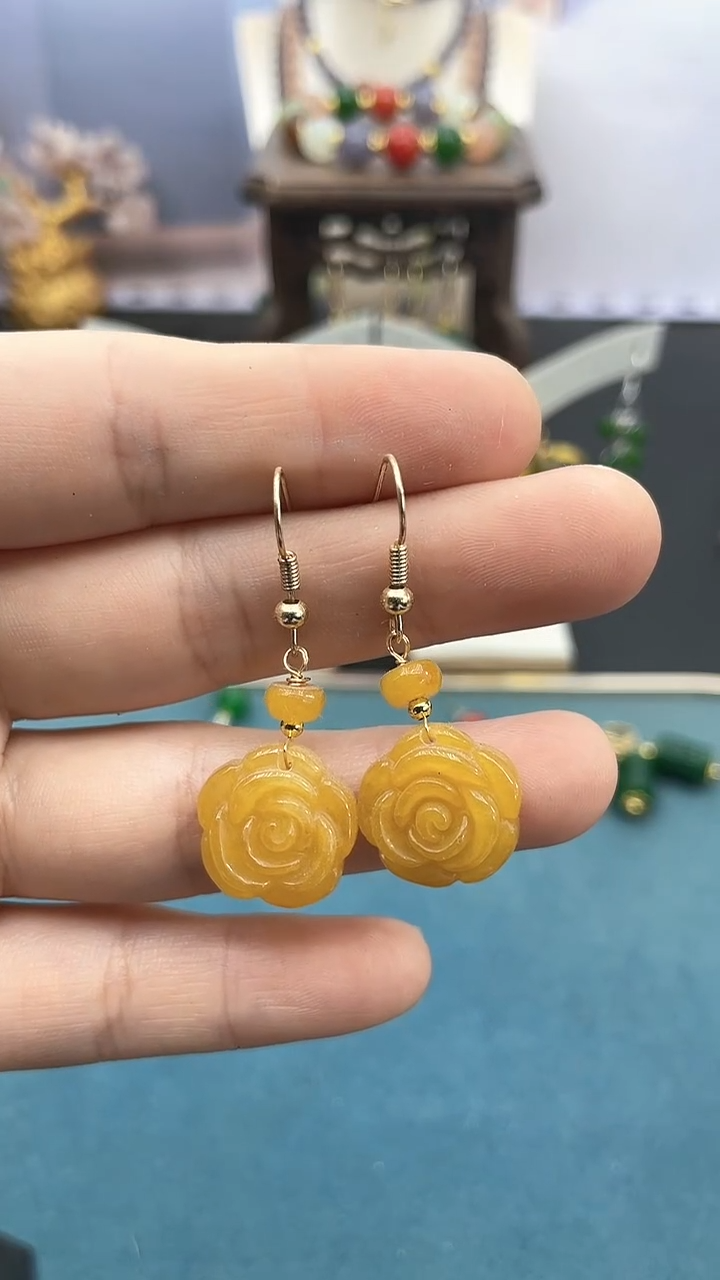 翡翠14K金镶嵌耳饰黄花耳钩