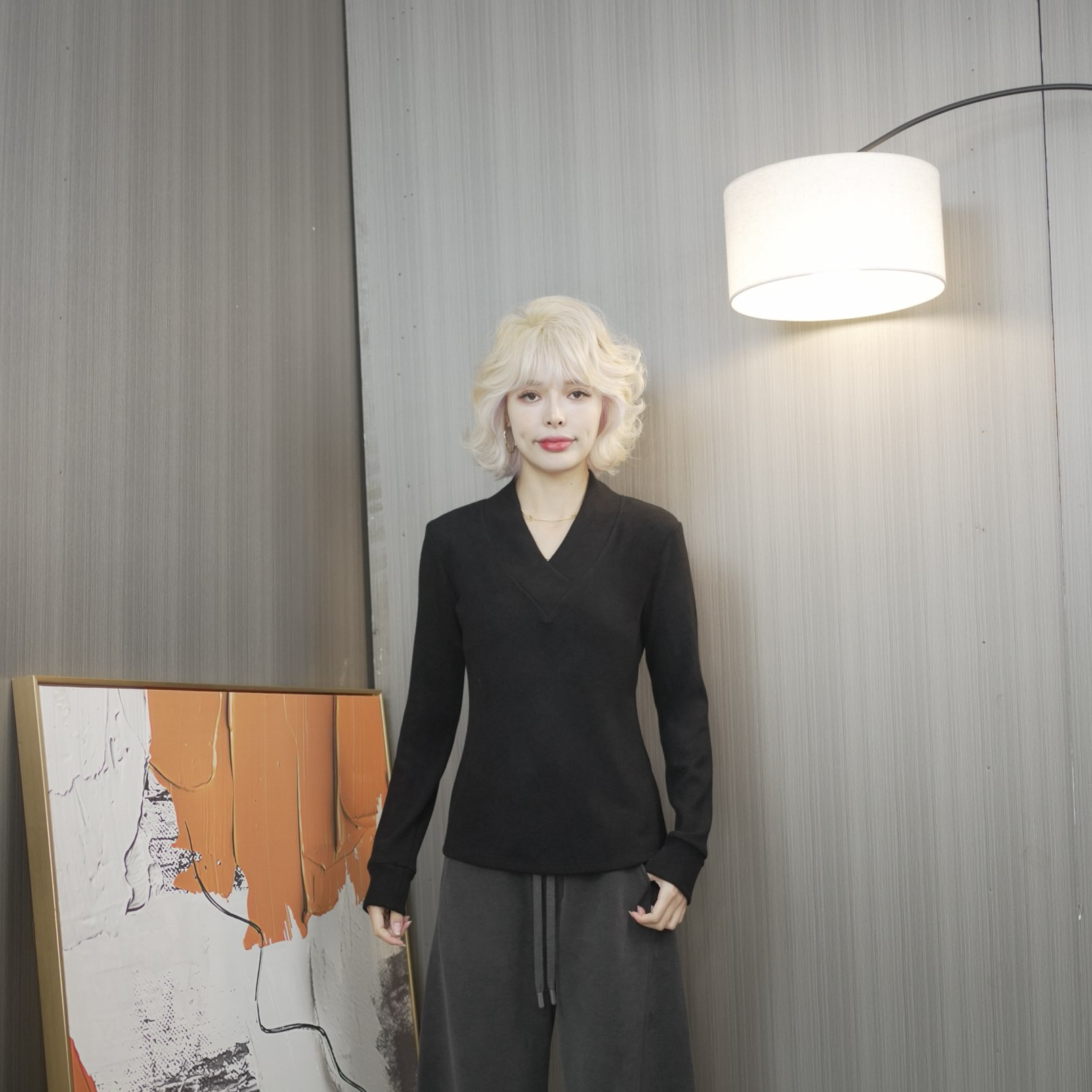 632长袖纯欲风大码女冬T恤耐磨V领修身休闲黑色