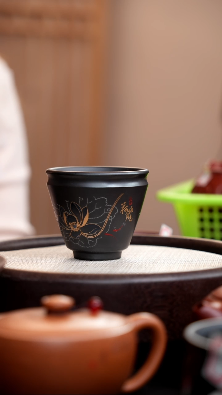 紫砂茶壶石黄荷花斗笠杯