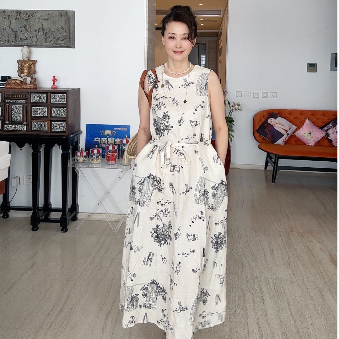 【维姐精选】ZF 100亚麻白底黑印花连衣裙