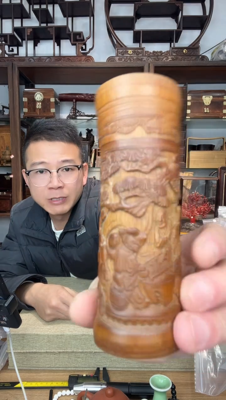 乌木类书架海*雨366老竹雕刻罐子