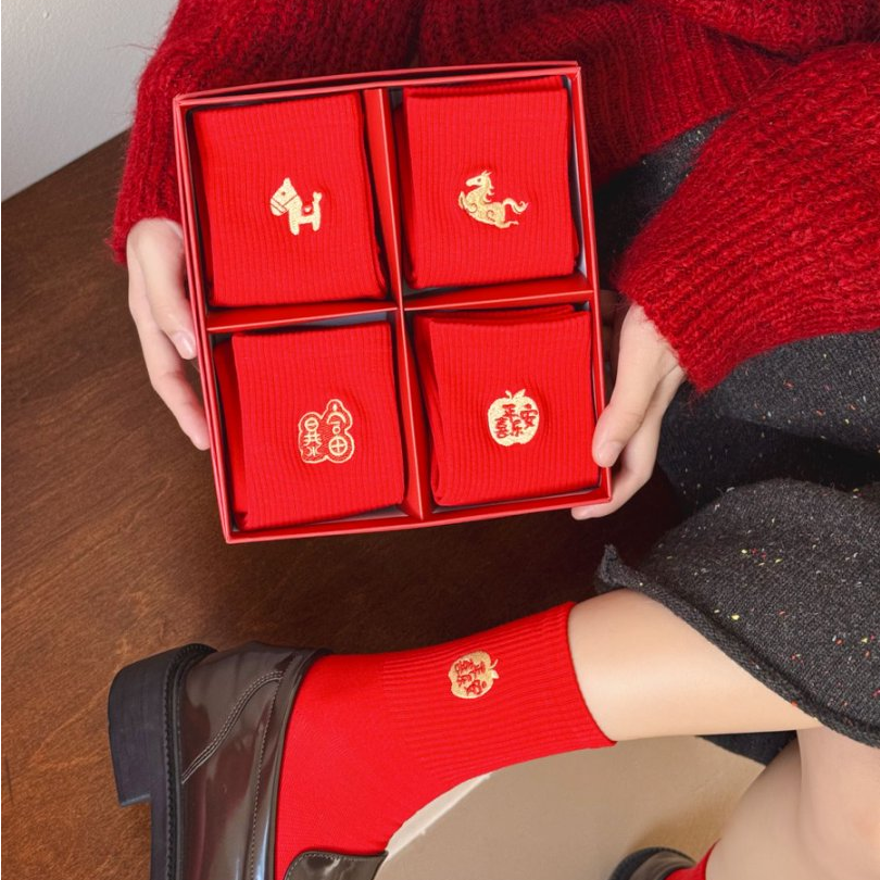 2026新年大红花袜子时尚百搭