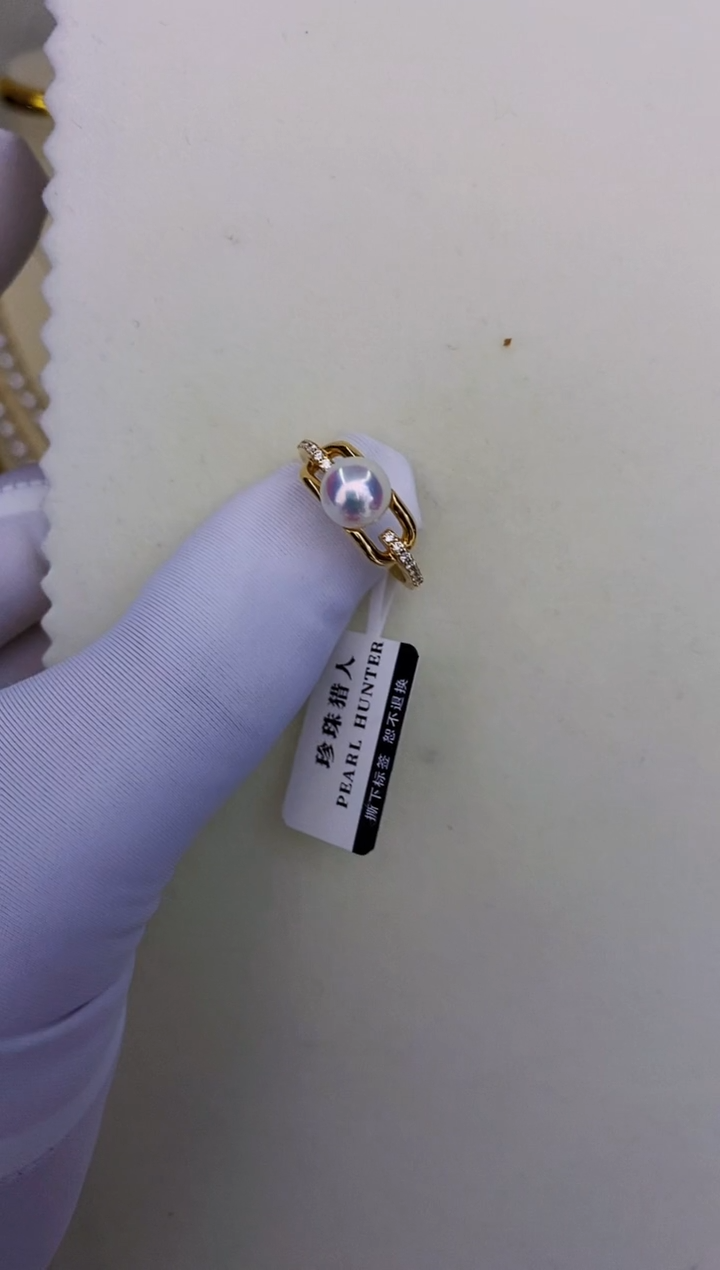 18K金镶嵌海水珍珠akoya猪鼻子款戒指6.5-7mm