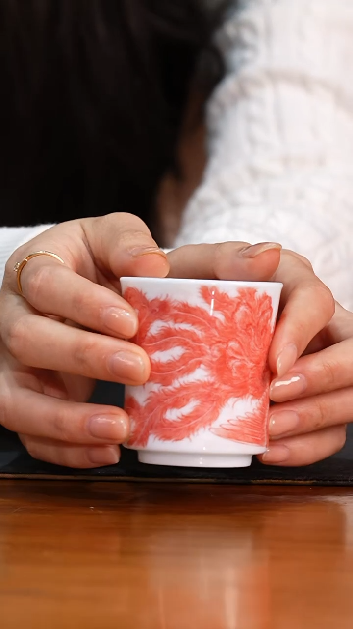 瓷瓷姑娘铭墨朗谷朱砂红凤杯