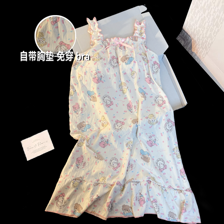 夏季2025新款带胸垫卡通图案吊带睡裙夏天女甜美可爱可外穿家居服