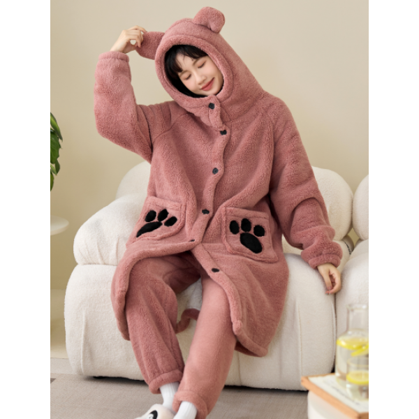 情侣款加厚珊瑚绒保暖中长款家居服套装K029