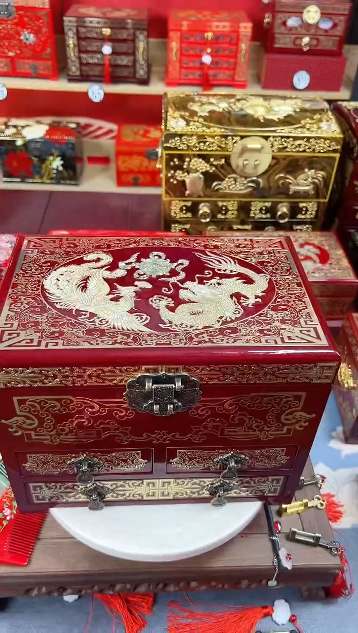 【闪购商品】28厘米新款四层三抽掐丝螺钿酒红龙凤呈祥