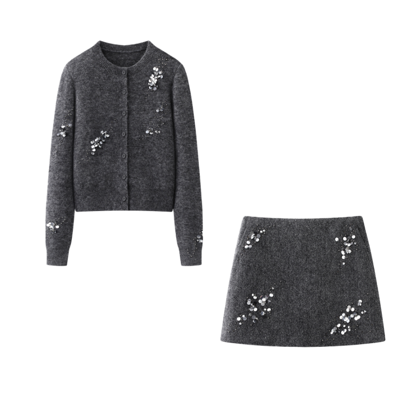 【圣诞款董洁同款】艾家-设计师款针织衫开衫半身裙子两件套装4113