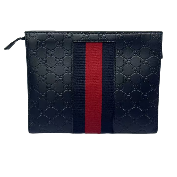 95新 GUCCI/古驰 古驰经典黑老花红蓝织带洗漱包（656150）黑色印花