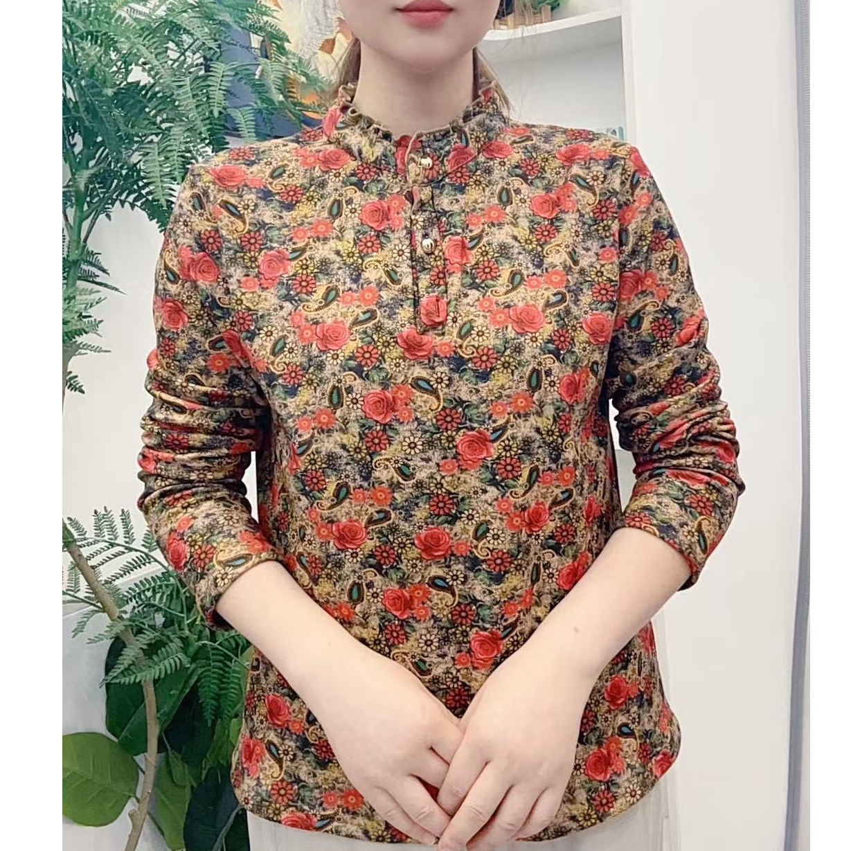 【一体绒】2025冬季加绒加厚中老年女士保暖打底衫时尚花边领口小衫