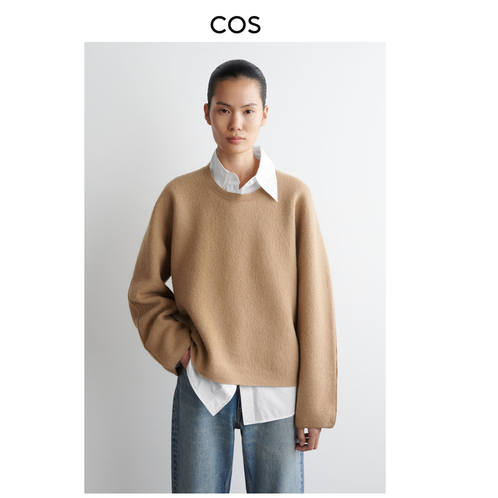 COS女装 标准版型圆领羊毛毛衣卡其色2025秋季新品1303272002