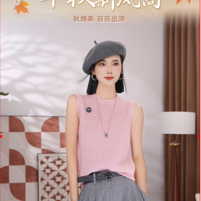 AMASS/阿玛施新款时尚造型镂空亮片圆领无袖套头针织马甲女538087