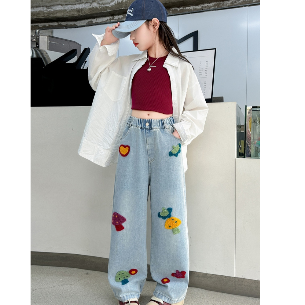 2025新款女童春秋牛仔裤休闲宽松裤子大童春季直筒阔腿裤