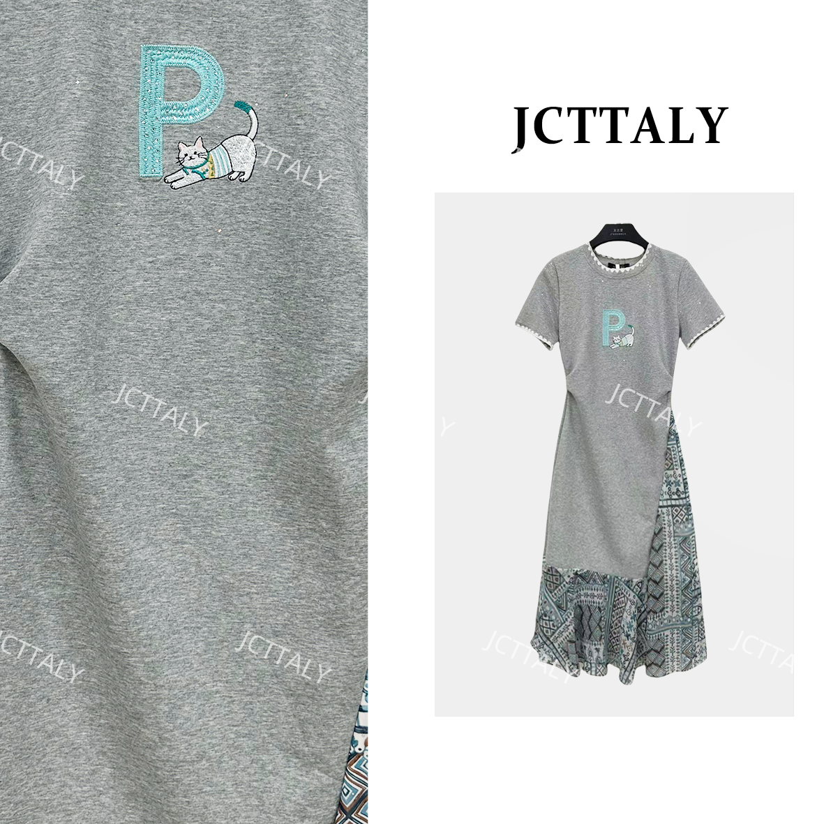 【Linda】【89】夏季时尚百搭显瘦小猫刺绣镶砖气质拼接连衣裙NH-A136