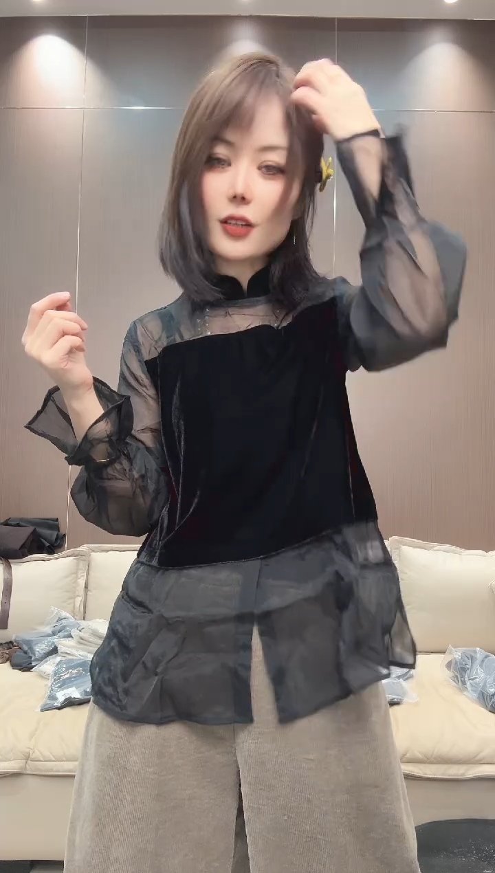 拼接欧根纱小衫黑色2XL码