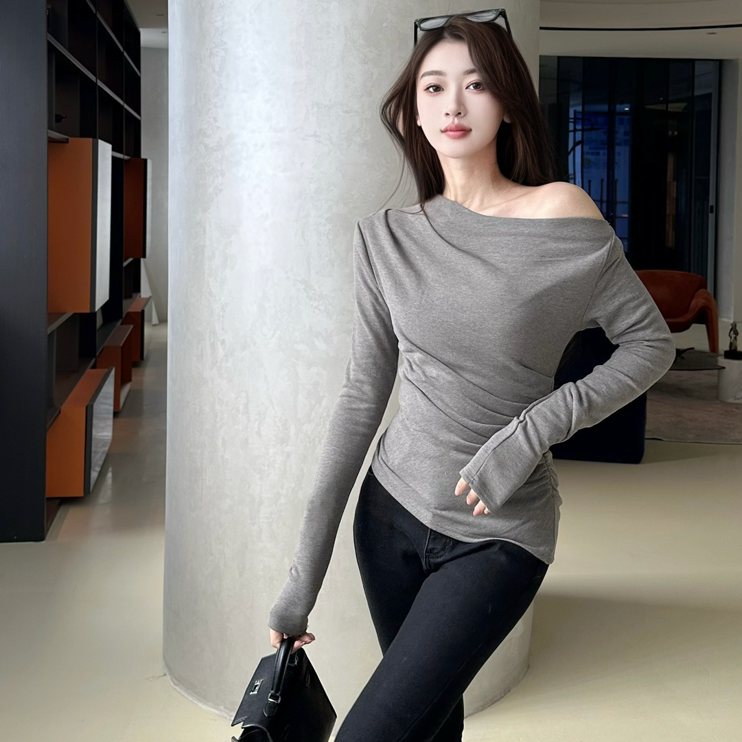 Merasoul法式锁骨露肩高级感长袖t恤女秋冬斜肩白色一字肩打底衫