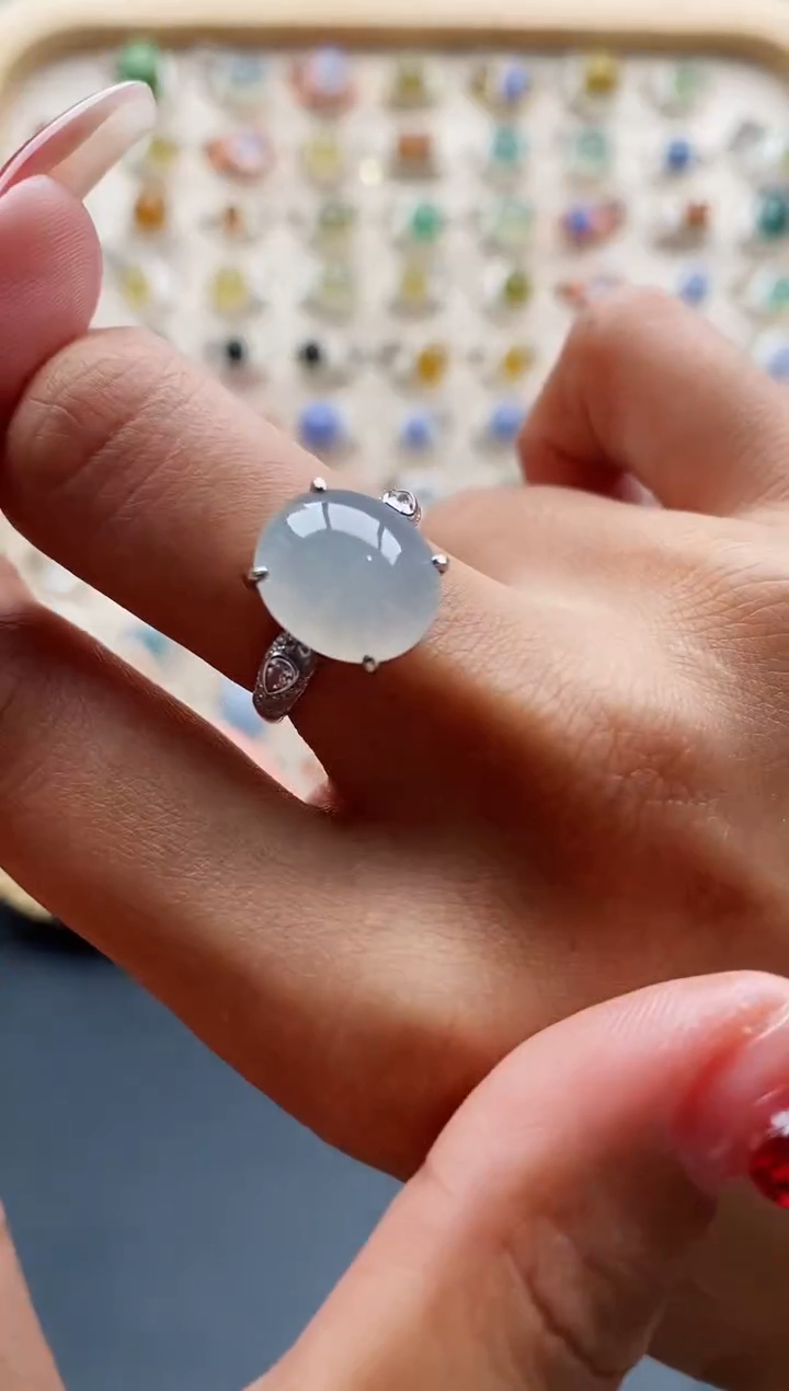 【闪购商品】翡翠戒指银S925镶嵌缅甸天然A货翡翠222 9+4