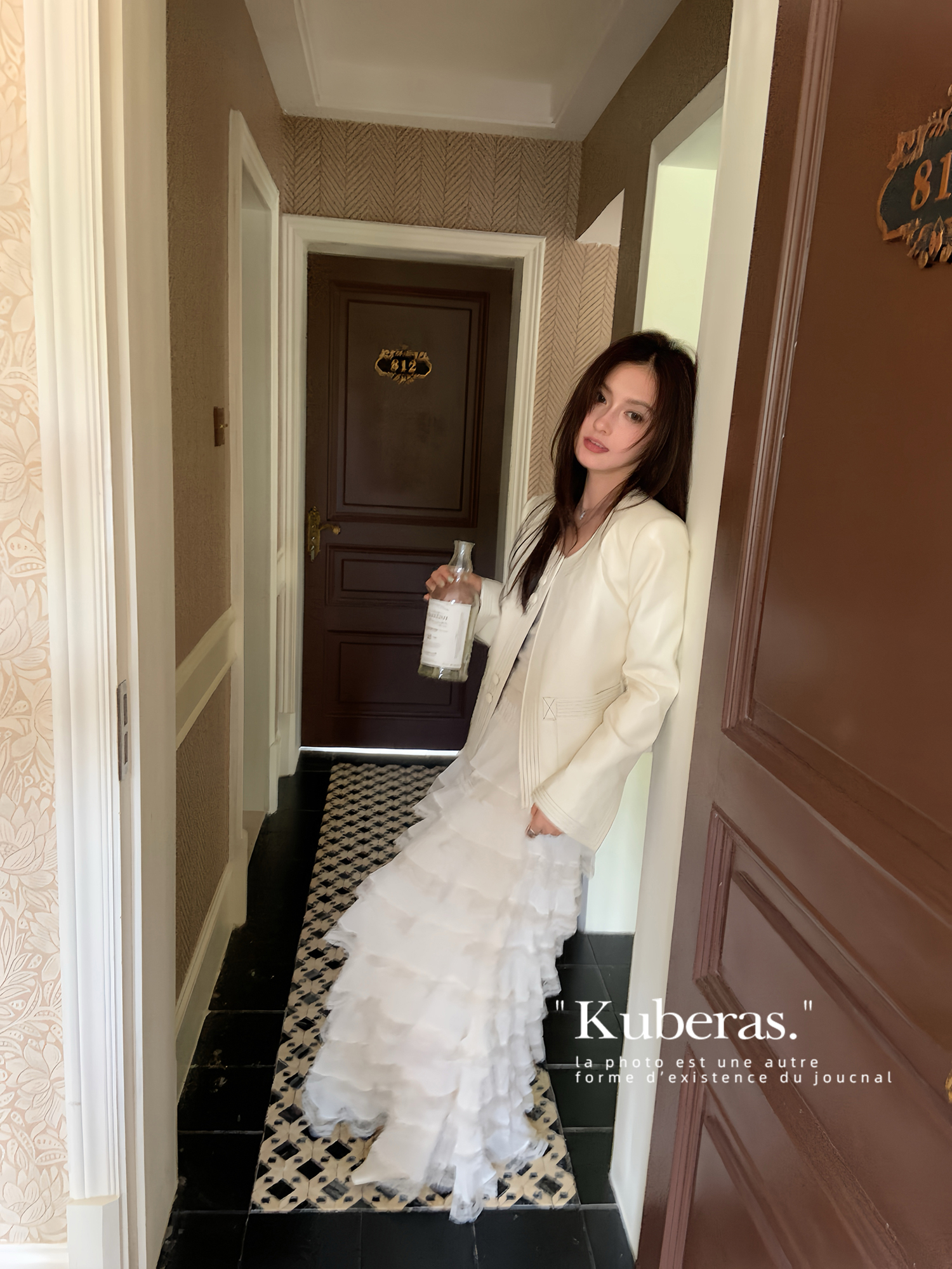 KUBERAS 长款宽松蕾丝边压皱雪纺半身裙法式气质高级感层层长裙