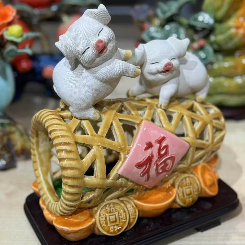 猪笼公仔立体入水猪猪石湾陶瓷创意手工摆设家居摆件工艺品可爱