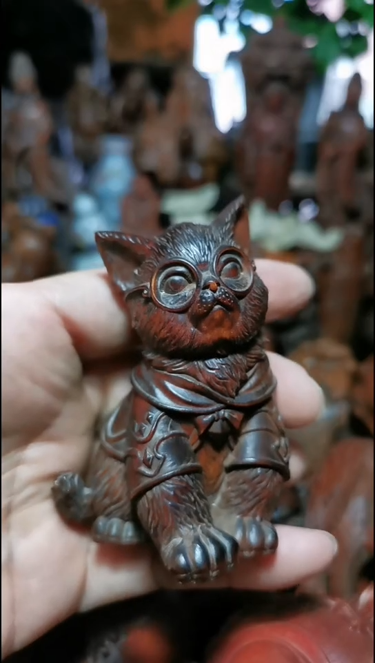 黄杨木猫手把件摆件