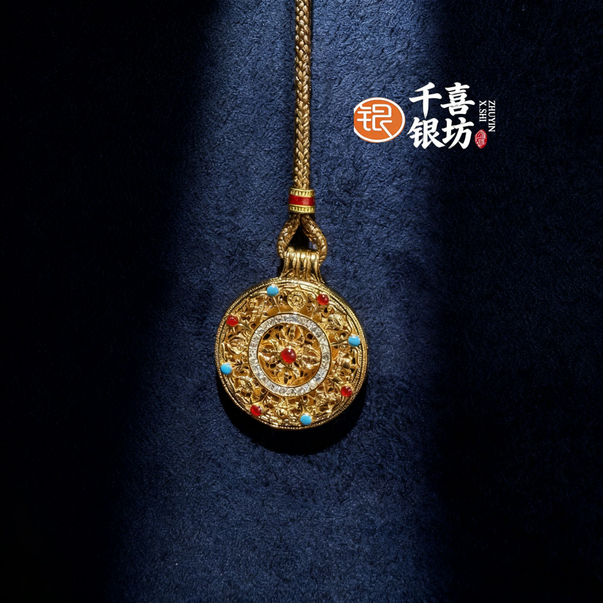 吊坠足银布 新中式珐琅彩宝八宝罗盘编织绳吊坠复古风毛衣链饰品