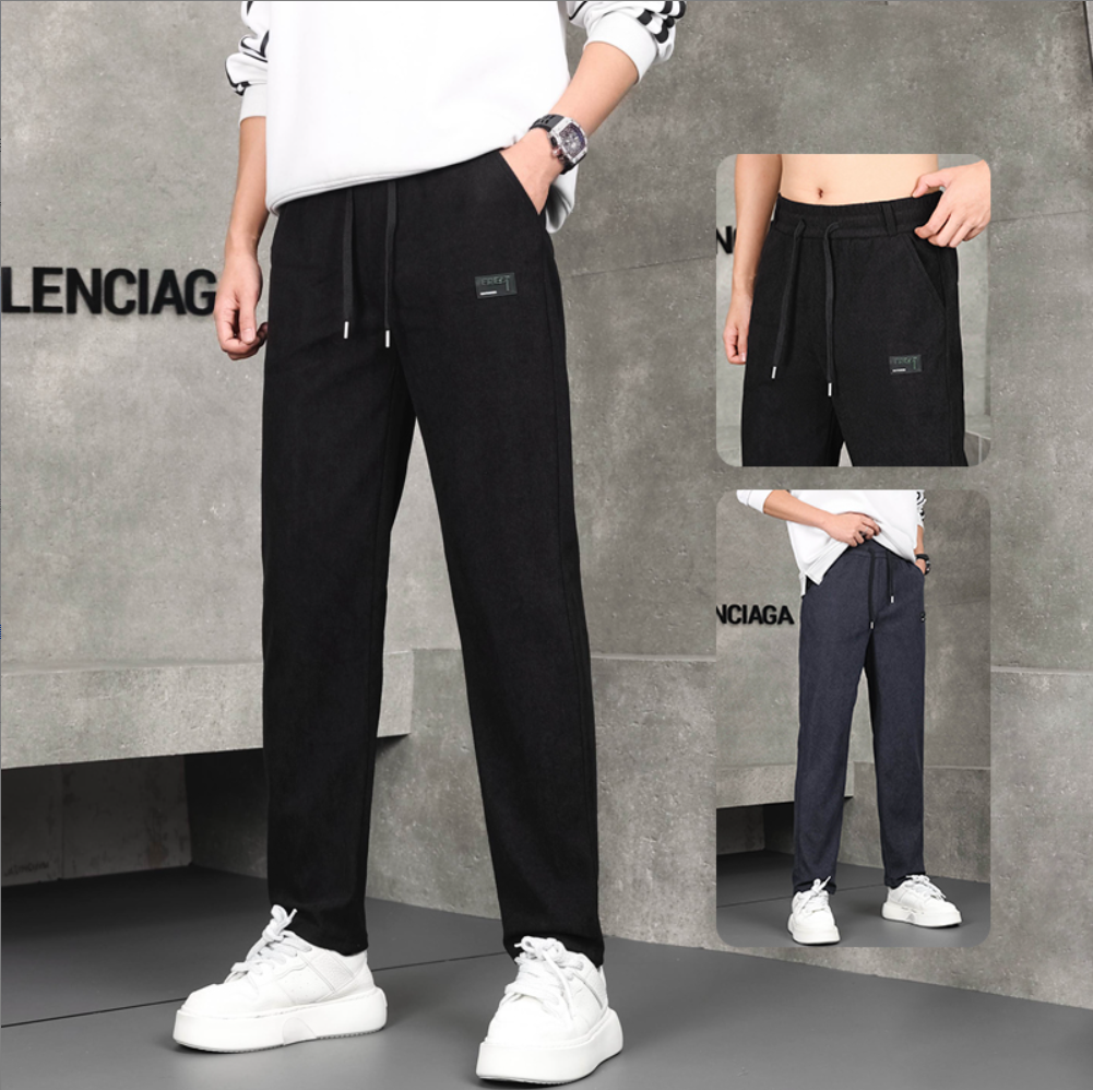 2025秋冬季新款欧棉绒高腰男装休闲裤带皮带扣男士直筒裤子免烫