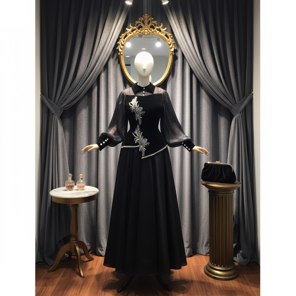 原创长袖拖尾裙轻奢长裙小众礼服裙高贵显瘦大摆裙