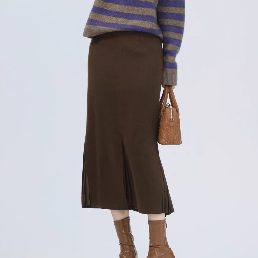 商场同款2025秋冬高腰裙开叉褶皱羊毛半身包臀鱼尾裙女1200232