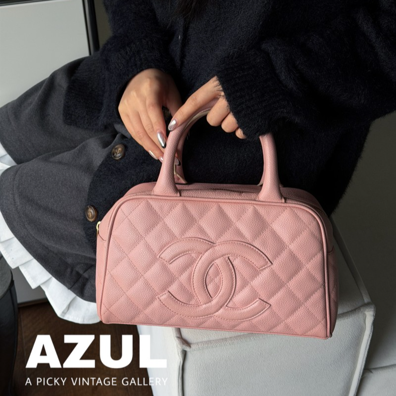 95新 Chanel/香奈儿 Azul-樱花粉荔枝皮保龄球小号手提包53032