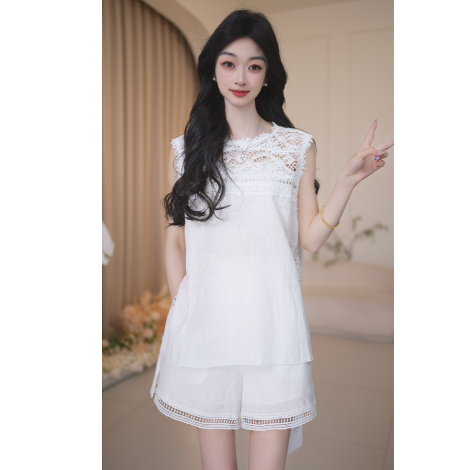 Basic House/百家好背心气质白色时尚夏季镂空套装B1335B577N2