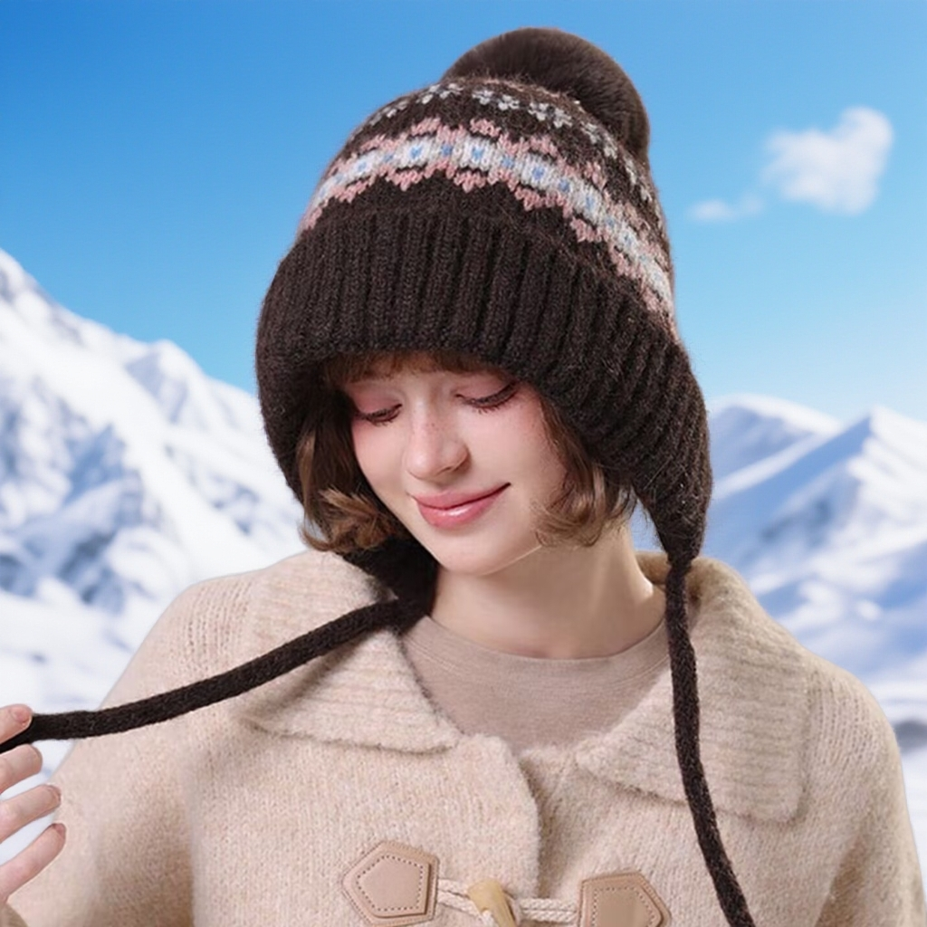复古提花加绒针织帽子女秋冬韩版百搭显脸小护耳毛线帽骑车雷锋帽