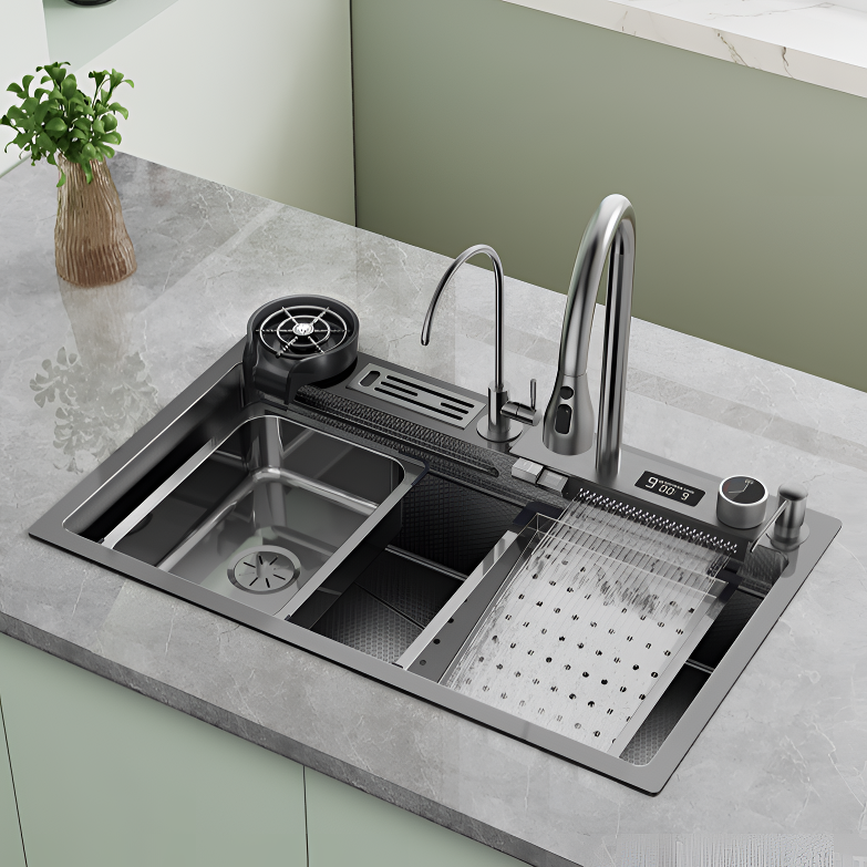 厨卫邦新款枪灰304不锈钢飞雨手工台下水槽洗菜盆洗碗池数显灰色