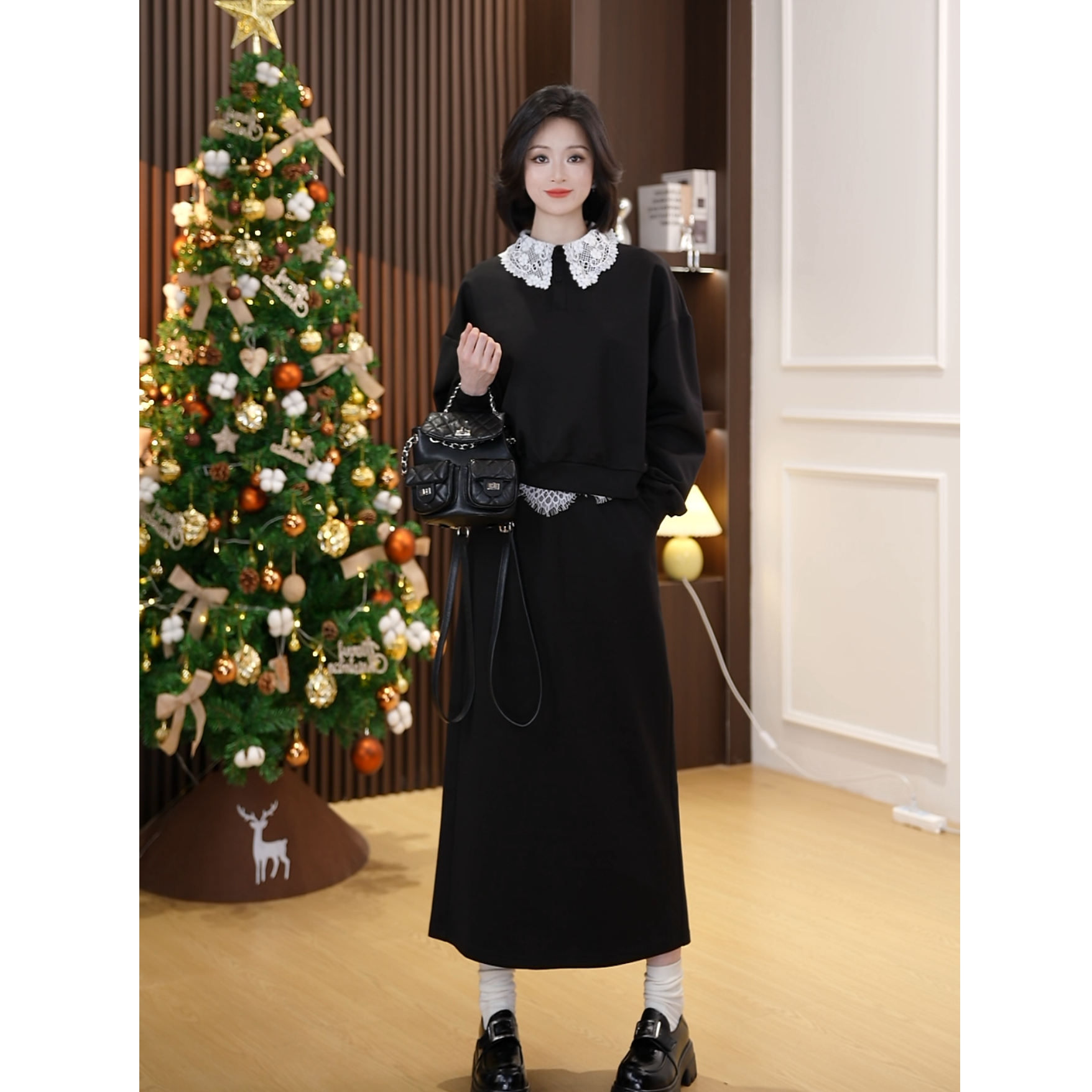 【小爽Eris】2025春季新款高级感蕾丝钩花翻领拼接卫衣半身裙两件套