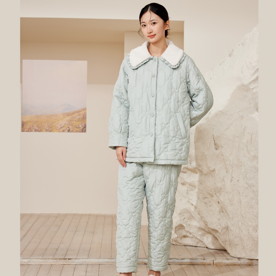 flossy弗劳思冬季三层加厚女士加绒中长款保暖家居服套装CD237